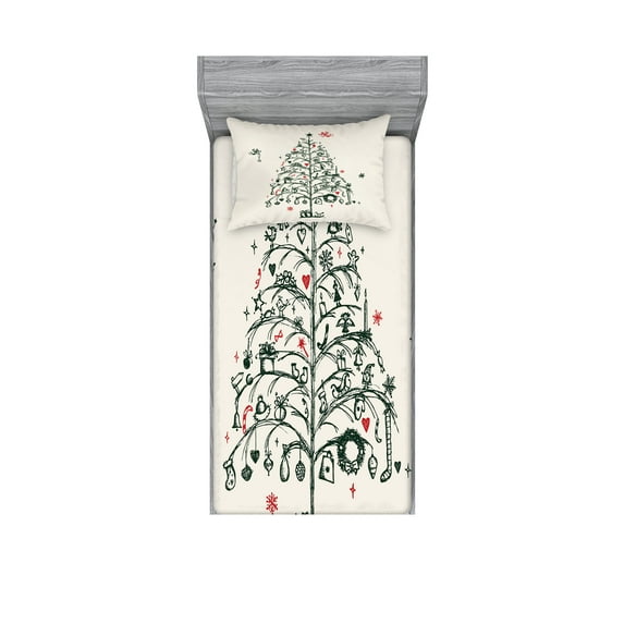 Christmas Fitted Sheet & Pillow Sham Set, Fairies with Wands and Tree Hand Drawn Style with Wreath and Stockings Image, Decorative Printed 4 Piece Bedding Decor Set, Twin, Red and Green, by Ambesonne