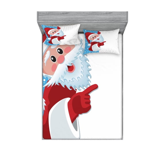 Christmas Fitted Sheet & Pillow Sham Set, Father Christmas Happy Illustration Winter Snow Season Elements, Decorative Printed 6 Piece Bedding Decor Set, Calking, Vermilion Blue and White, by Ambesonne