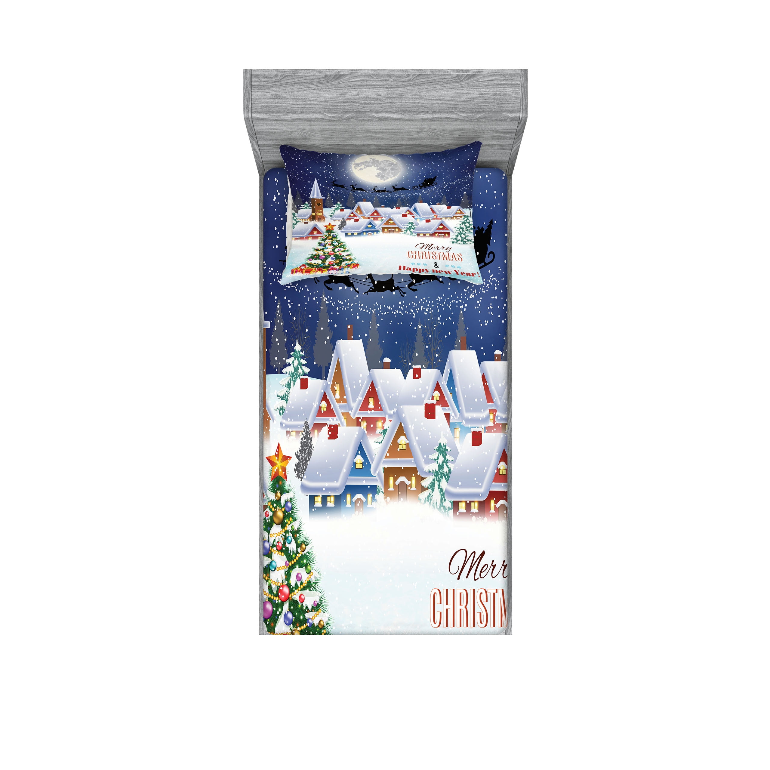 Christmas Fitted Sheet & Pillow Sham Set, Moon Santa Claus Reindeer Hovering in Winter Sky of a