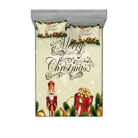 Christmas Fitted Sheet & Pillow Sham Set, Noel Season Ornaments with Birch Branch Ribbons Bells Candy Canes Art Image, Decorative Printed 6 Piece Bedding Decor Set, Full, Multicolor, by Ambesonne