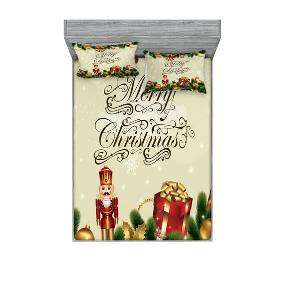 Christmas Fitted Sheet & Pillow Sham Set, Noel Season Ornaments with Birch Branch Ribbons Bells Candy Canes Art Image, Decorative Printed 6 Piece Bedding Decor Set, Full, Multicolor, by Ambesonne