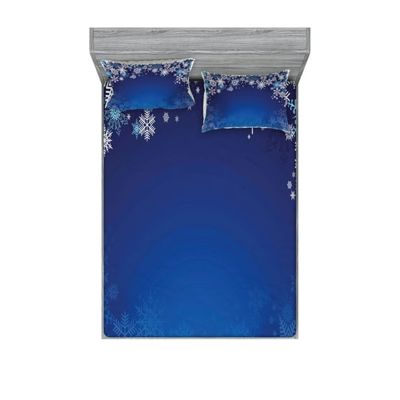 Christmas Fitted Sheet & Pillow Sham Set, Ornamental White Snowflakes in Various Styles Cold Winter Season, Decorative Printed 6 Piece Bedding Decor Set, Calking, Pale Blue Navy Blue, by Ambesonne