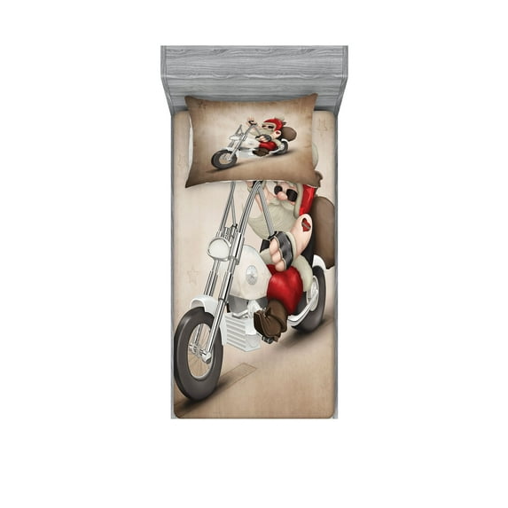 Christmas Fitted Sheet & Pillow Sham Set, Rock Grunge Santa with Heart Tattoo on Motorbike Delivery Bikie Peace Theme, Decorative Printed 4 Piece Bedding Decor Set, Twinxl, Red and Cream, by Ambesonne