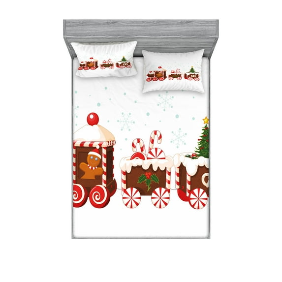 Christmas Fitted Sheet & Pillow Sham Set, Train Gingerbread Cream Candy Cartoon Snowflakes Presents, Decorative Printed 6 Piece Bedding Decor Set, Full, White Brown Vermilion, by Ambesonne