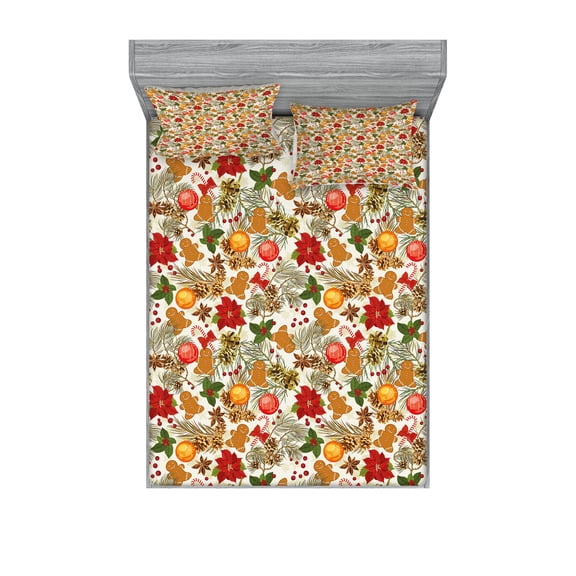 Christmas Fitted Sheet & Pillow Sham Set, Vivid Colorful Xmas Theme Pine Cones Branches Gingerbread Man Berry Image Print, Decorative Printed 6 Piece Bedding Decor Set, Full, Multicolor, by Ambesonne