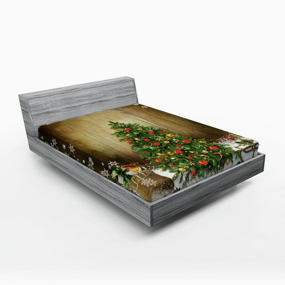Ambesonne Christmas Fitted Sheet, Pine Tree Presents, Queen Size, Multicolor