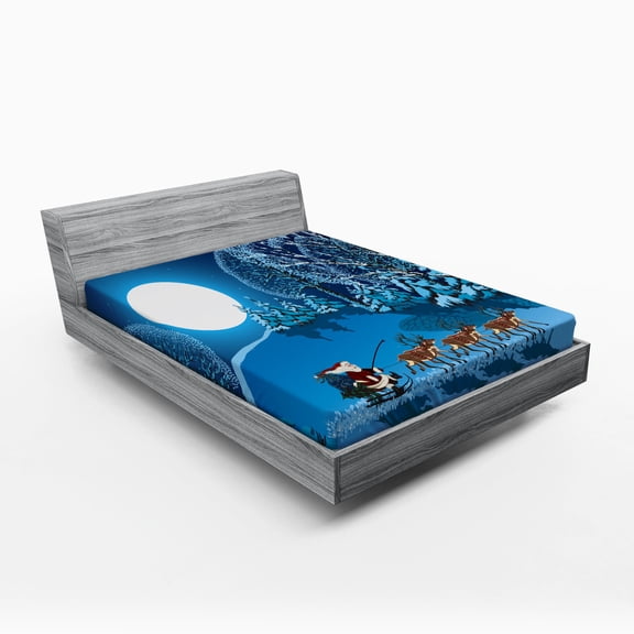Christmas Fitted Sheet, Santa in Sleigh a Night with Full Moon in the Sky Snowy Winter Xmas Theme Print, Soft Decorative Fabric Bedding, Full Size, Navy Blue, by Ambesonne