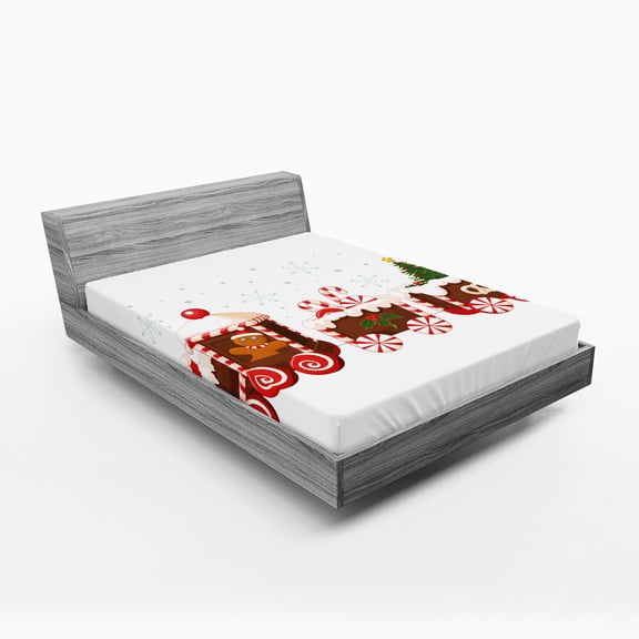 Ambesonne Christmas Fitted Sheet 2 Pcs Set, Gingerbread Train, Full, White Brown Vermilion