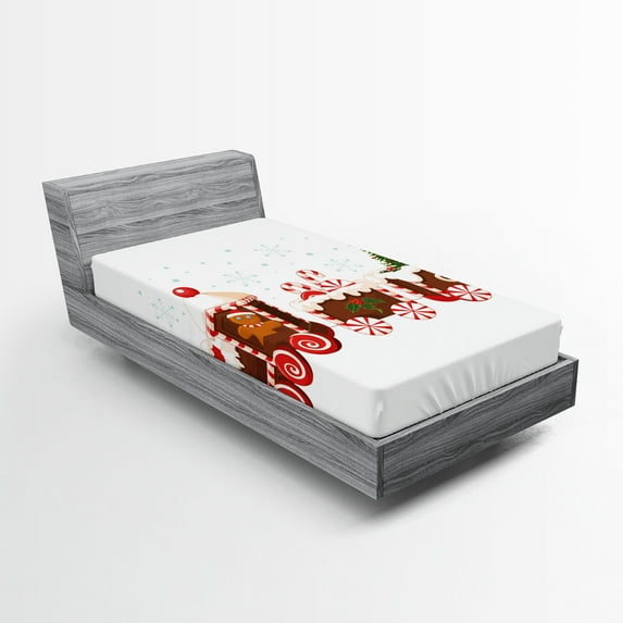 Ambesonne Christmas Fitted Sheet 2 Pcs Set, Gingerbread Train, Twin XL, White Brown Vermilion