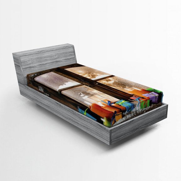 Christmas Fitted Sheet, Snow Weather Rustic Style Window and Festive Ornamental Boxes Winter Season, Soft Decorative Fabric Bedding, Twin Size, Brown and Orange, by Ambesonne