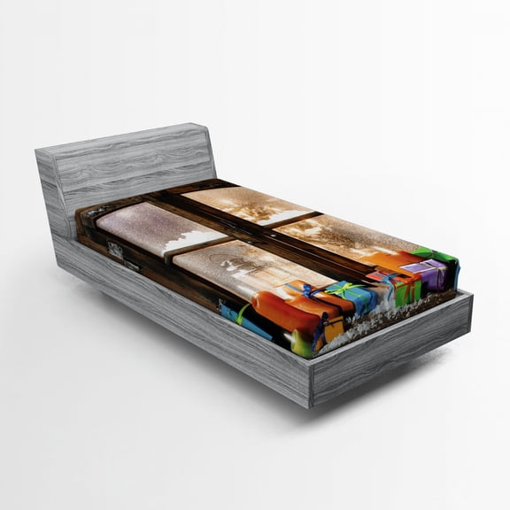 Christmas Fitted Sheet, Snow Weather Rustic Style Window and Festive Ornamental Boxes Winter Season, Soft Decorative Fabric Bedding, Twin XL Size, Brown and Orange, by Ambesonne