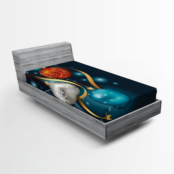 Christmas Fitted Sheet, Vivid Classical Baubles with Ribbons and Different Patterns Abstract, Decorative Soft Bedding All-round Elastic Pocket, Twin Size, Petrol Blue Grey Red, by Ambesonne