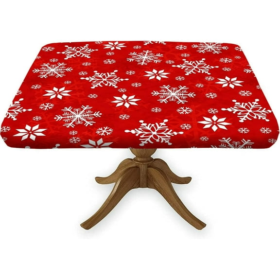 Christmas Fitted Square Tablecloths, Merry Christmas with Snowflakes Washable Spill Proof Table Cloth, for Indoor Holiday Family Banquet and Outdoor Patio Use, Fit for 36'''' Table, Red