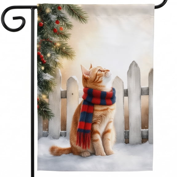 Christmas Flag,A cat wearing a scarf sitting in front of a white picket fence,Christmas Outdoor Flag 28x40 Double Sided,Outside Flag,Holiday Christmas Decor