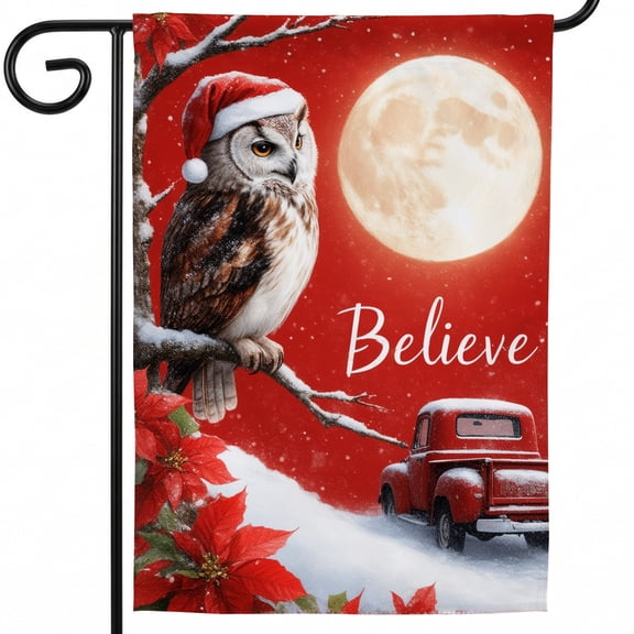 Christmas Flag,an owl sitting on top of a tree branch next to a red truck 28x40in,Holiday Flag,Christmas Lawn Decorations Outdoor