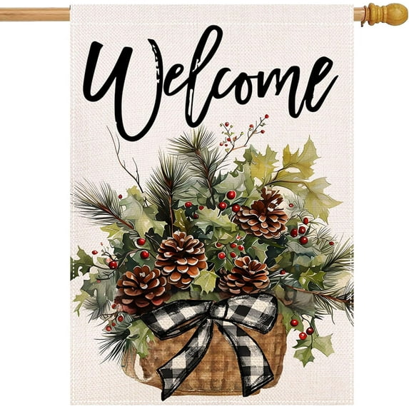 Christmas Flags for Outside 28x40 Winter Foliage Pinecone House Flags Buffalo Plaid Rustic Burlap Farmhouse Welcome Decorative Flags for Outdoor Xmas Decor Holiday Front Porch Decoration