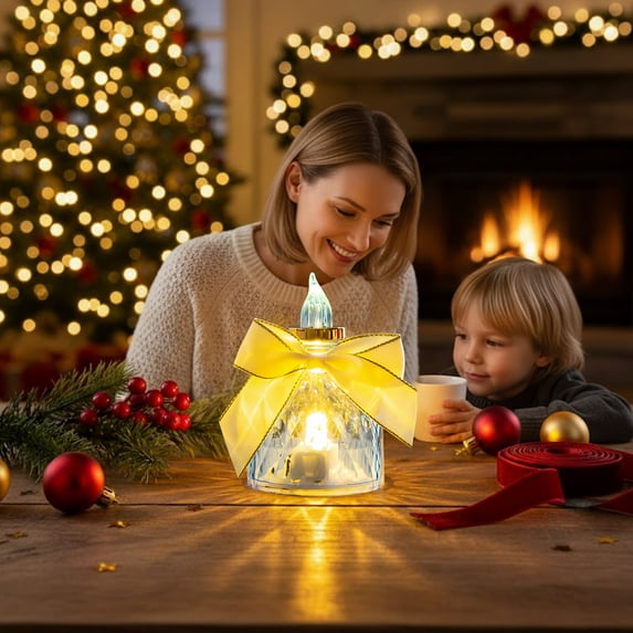 Christmas Flameless Bow LED Lights - Crystal Candle Light, Warm White Glow Electronic Night Lamp for Christmas Tree,Tabletop & Home Decor - Safe for Kids/Pets, No Fire Hazard (Blue)