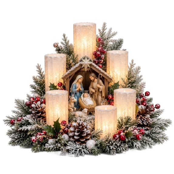 Christmas Flameless Candle Centerpiece Wreath with LED Flickering Pillar Lights Pine Cones Berries Nativity Scene Figurine for Dining Table Mantle Festival Holiday Home Indoor Room Decor Display