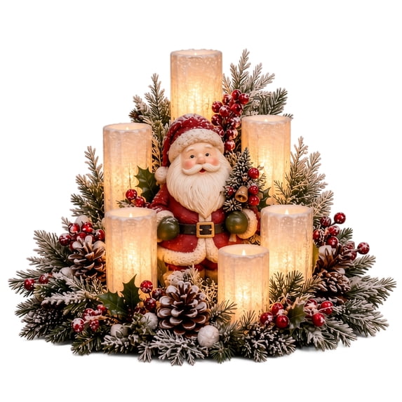 Christmas Flameless Candle Centerpiece Wreath Light with Warm LED Flickering Pillar Lights Pine Cones Artificial Berries Accent for Dining Table Mantle Festive Holiday Party Home Display