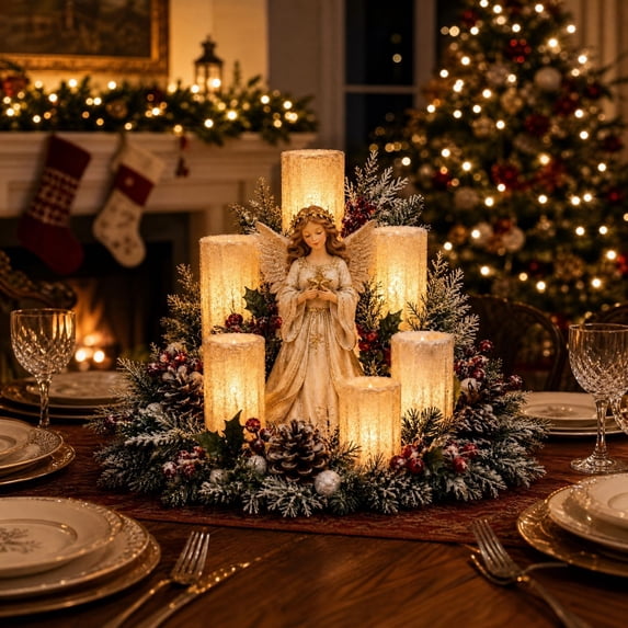 Christmas Flameless Candle Table Centerpiece Angel Figurine Lighted Decor with Frosted Pine Branches and Red Berries