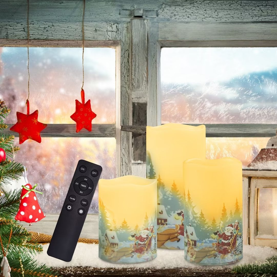Flameless Christmas Candles With Remote - LED Battery Candles With Glass & Stickers