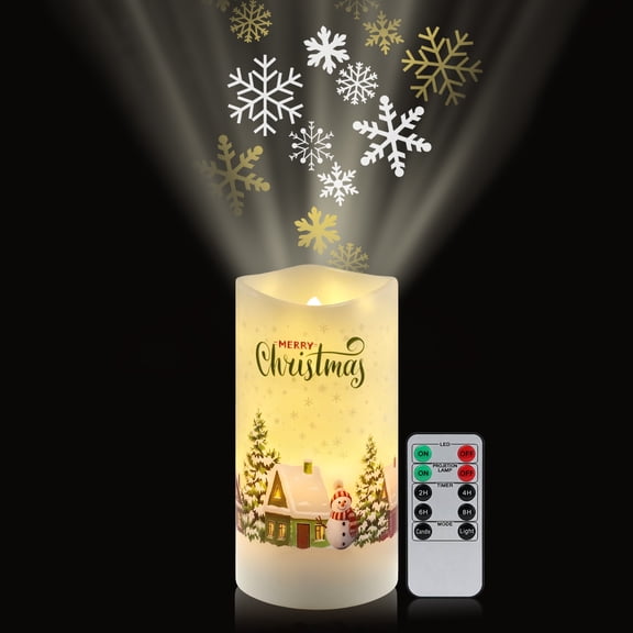 Christmas Flameless Candles Projector Lights with Snowflake Projection, Flickering Wax Pillar Candles with Remote & Timer, Electric LED Candles Battery Operated for Winter Home Christmas Decor