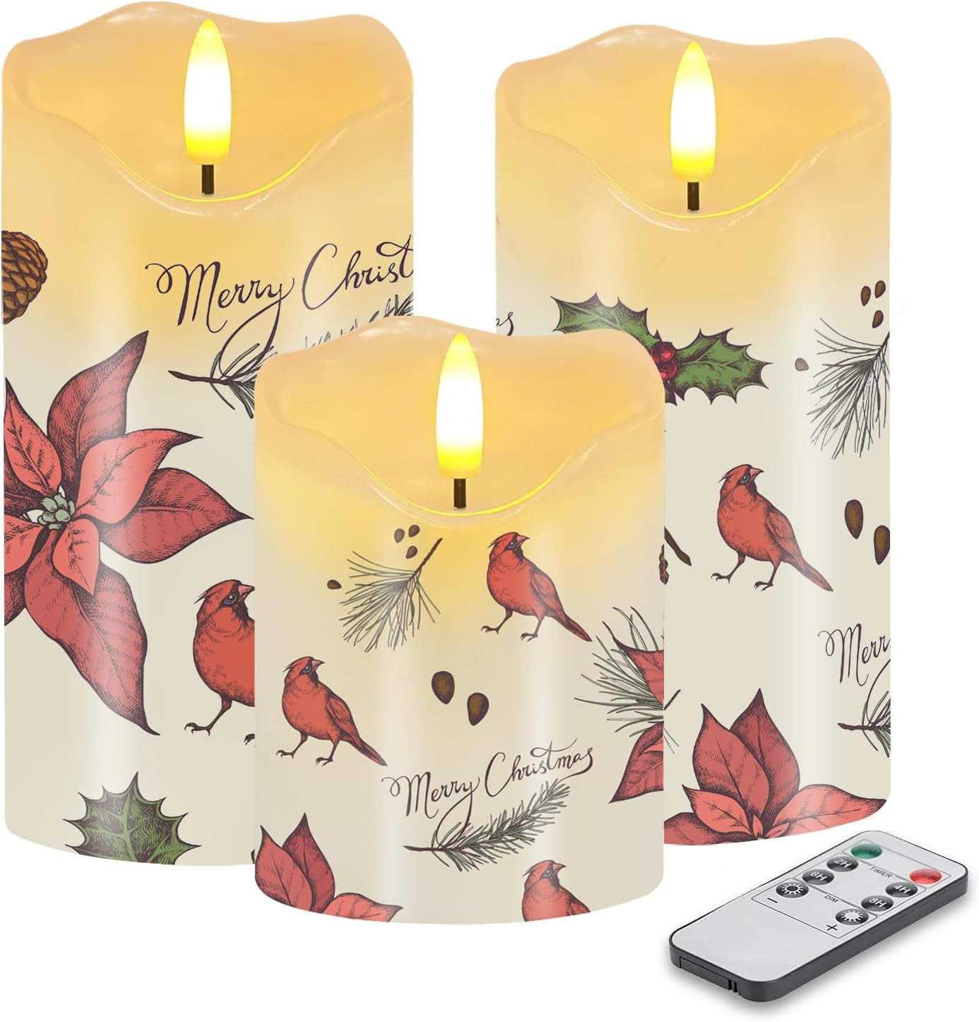 Christmas Flameless Candles, Set of 3 Flickering Red Cardinal LED Candles with Remote & Timer, Dimmable Real Wax Electric Pillar Candles Battery Operated for Home Christmas Decor