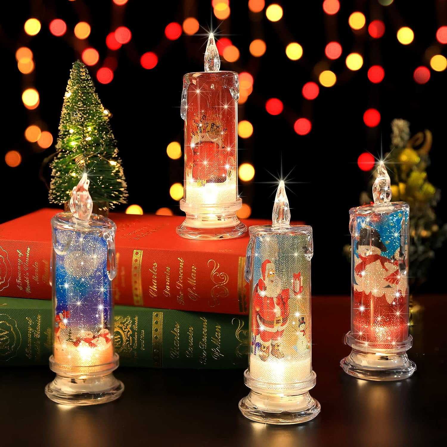 Christmas Flameless Candles, Set of 4, Battery Operated Christmas Theme LED Candles for Holiday