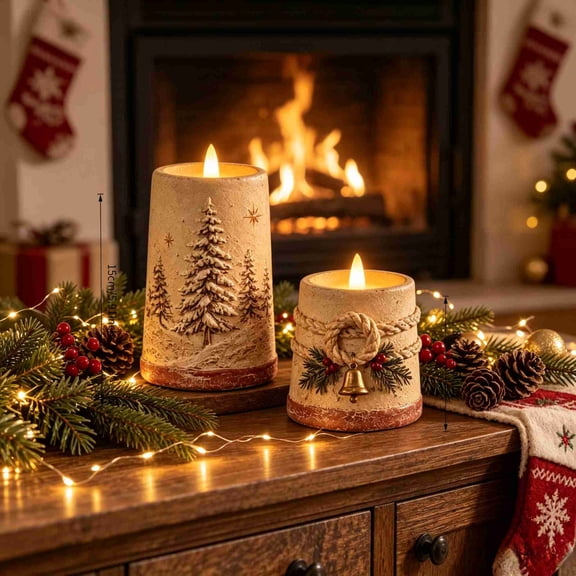Christmas Flameless LED Pillar Candles Set, Rustic Embossed Tree Flickering LED Candle with Rope Bell Pine Decor, Battery Operated Electronic Candle for Christmas Table Mantel Holiday Decoration