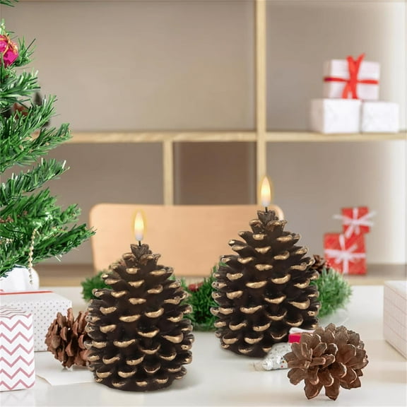 Christmas Flameless Pinecone Candles with Timer, Battery Operated Flickering 3D Wick LED Pine Cone Candles for Christmas Indoor Decoration, Set of 2