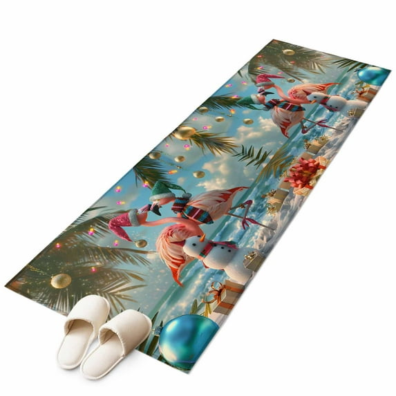 Christmas Flamingo 2'x6' Runner Rug, Xmas Snowman Coastal Beach Washable Non-Slip Area Rugs for Hallway Kitchen Floor Bedroom Entryway, Laundry Carpet Decoration Indoor Mat