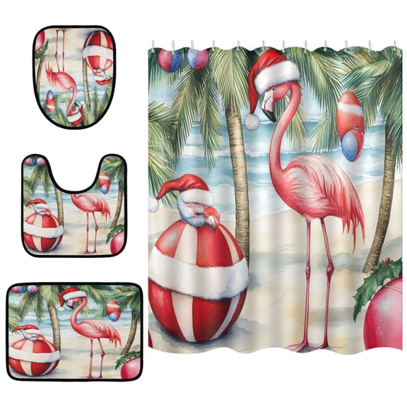 Christmas Flamingo Bathroom Accessory Curtain Sets Bath Curtain Anti-Slip Mats and Toilet Pad 66x72in