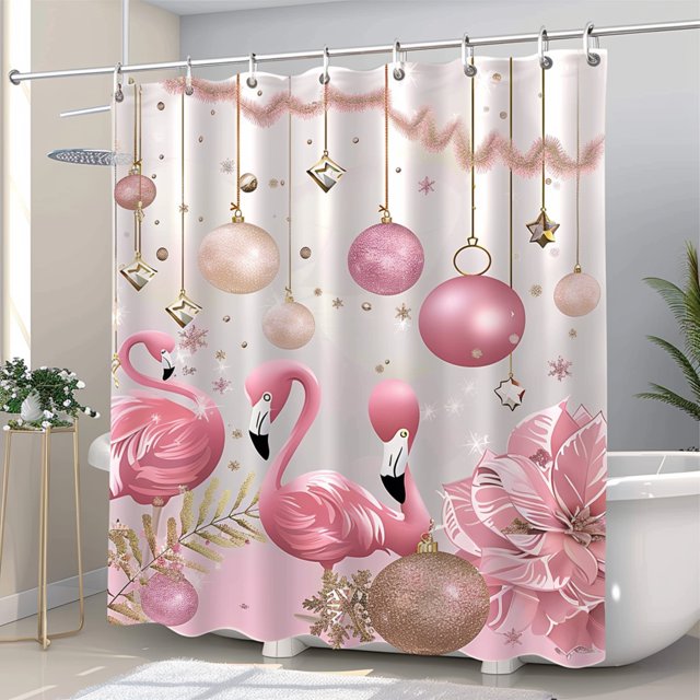 Christmas Flamingo Bathroom Shower Curtain with Baubles and Lights Pink