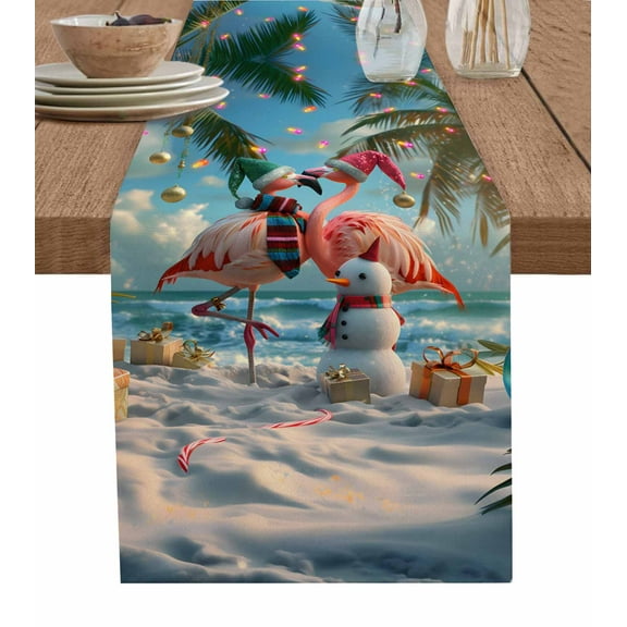 Christmas Flamingo Burlap-Cotton Table Runner 90 Inches Long,Xmas Snowman Coastal Beach Farmhouse Table Runners,Outdoor Dining Tablecloths Decor for Baby Shower/Party/Wedding 13x90