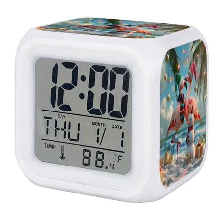 Christmas Flamingo Digital Alarm Clock for Bedrooms, Smart LED Alarm Clock with 7 Color Changing Night Light, Xmas Snowman Coastal Beach Silent Wake Up Clocks for Sleep Study Cooking 3.2"x3.2"