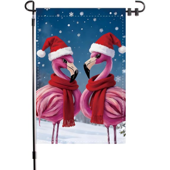 Christmas Flamingo Garden Flag, Winter Snowflakes, Red Scarf and Hat, Double Sided, 12 x 18 Inch, Holiday Decoration for Home and Outdoor Party