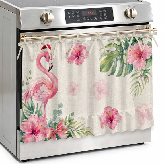 Christmas Flamingo Oven Skirt Curtain with Tie‑Top, Pink Flamingo with Red Santa Hat Monstera Leaves Ruffled Stove Skirt, Decorative Kitchen Curtain for Oven Door, Cabinet & Dishwasher, 27" x 20"