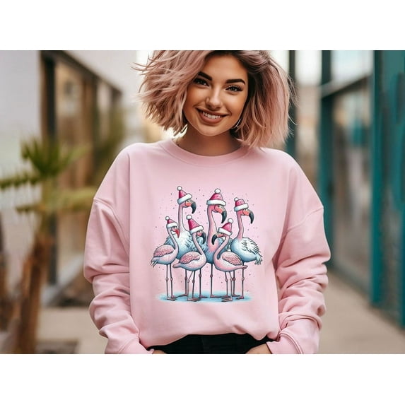 Christmas Flamingo Sweatshirt, Flamingo Lover Shirt, Christmas Flamingo Hoodie, Pink Flamingos Shirt, Cute Christmas Hat Pullover