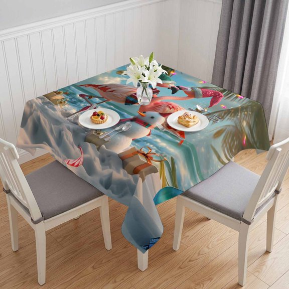 Christmas Flamingo Table Cloth Waterproof Tablecloths, Xmas Snowman Coastal Beach Tablecloth Dining Table Cover for Kitchen Party Tabletop Outdoor, Square Tablecloth 54x54 Inch