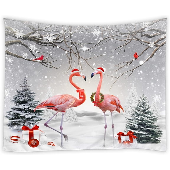 Christmas Flamingo Wildlife Winter Snow Scene Wall Tapestry Wall Hanging 40" W x 30" H Multicolor