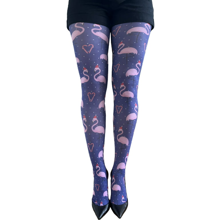 Christmas Flamingo patterned tights light pink and blue for all women 
