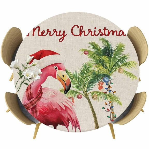 Christmas Flamingos Fitted Tablecloth with Elastic Edged, Round Table Cloth for Dining Table, Xmas Balls Tree Rustic Waterproof Oil Proof Table Cover for Indoor Outdoor 36"-44"