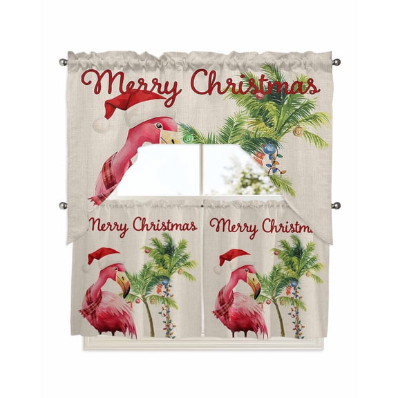 Christmas Flamingos Kitchen Curtain and Valance Set 3 Pieces, Rod Pocket Short Tier Curtains 24 Inch Length, Xmas Balls Tree Rustic Swag Topper Small Window Treatment for Cafe Bathroom Bedroom