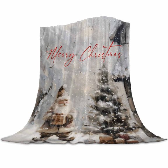 Christmas Flannel Blanket for Bed,Travel and Camping, Saint Nicholas Forest Snow Oil Painting Squiggle Super Soft Cozy Blanket for All Seasons 32"x48"