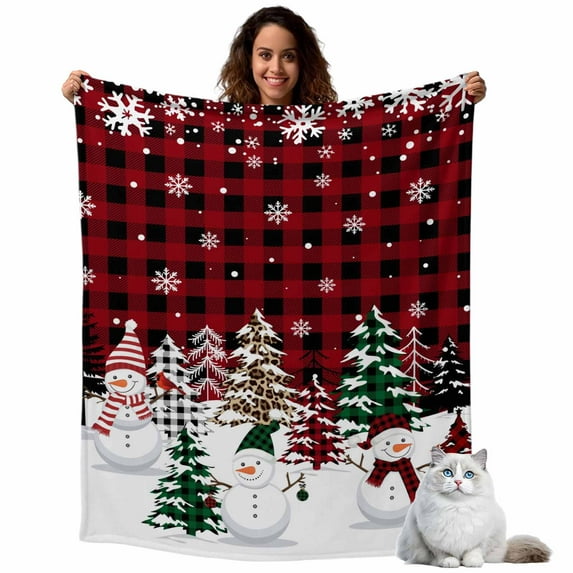 Christmas Flannel Blanket for Bed,Travel and Camping, Snowman Checked Xmas Tree Snowflake Red Black Plaid Super Soft Cozy Blanket for All Seasons 40"x60"