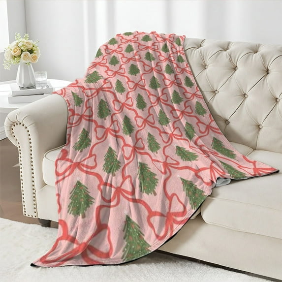 Christmas Flannel Blanket, Double Sided Plush Sherpa Throw, Holiday Tree Pattern Snow Forest Print, Warm Soft Nap Blanket for Couch Bed