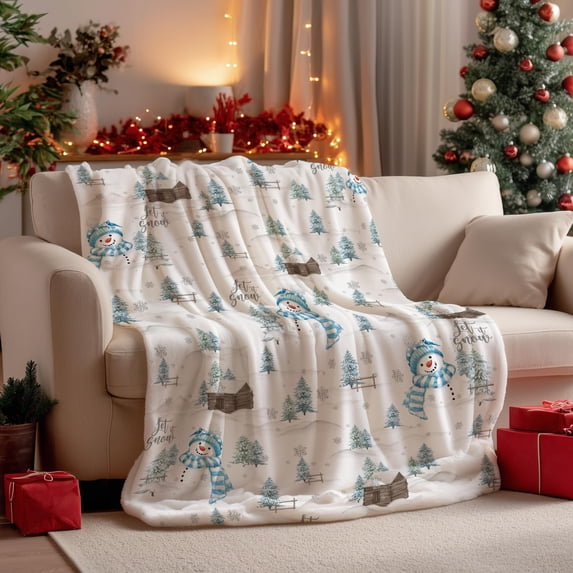 Christmas Flannel Blanket Throw, Blue Snowman Pine Snow Soft Fuzzy Plush Cozy Fleece Blankets for Couch Sofa Bed Lounging, Ideal Gifts for Kids Adults Wife Self, 50x60