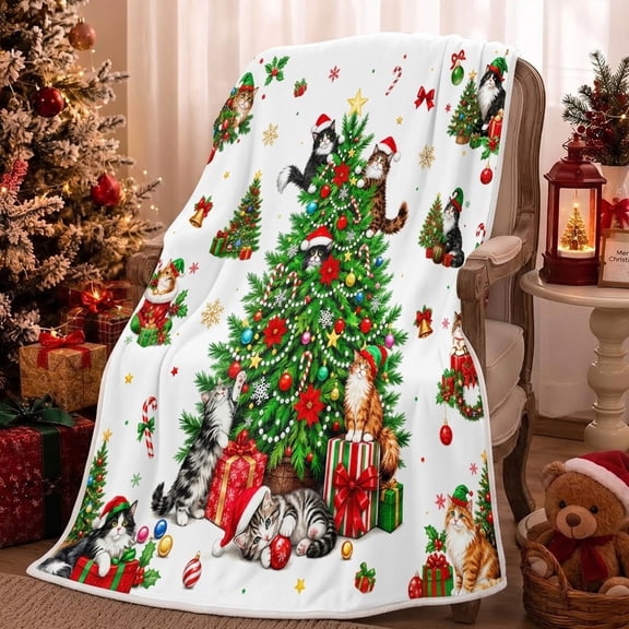 Christmas Flannel Blanket Throw, Cute Cat Xmas Tree Bed Blanket 30x40 Inch Funny Kitten Christmas Tree Blanket for Xmas Gifts Couch Bedroom Sofa Travel Bed, Cozy Soft Holiday Winter Warm Home Decor