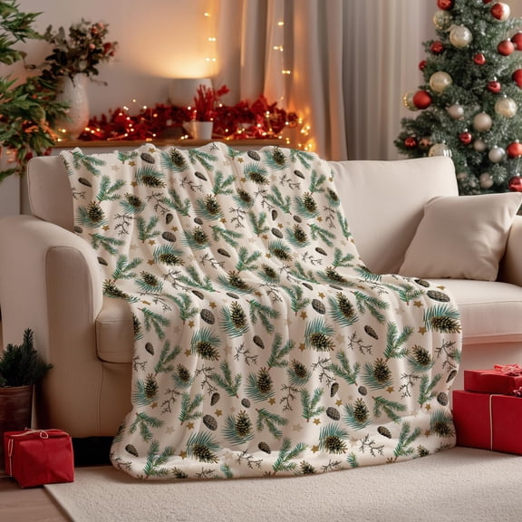 Christmas Flannel Blanket Throw, Holly Pine Cone Soft Fuzzy Plush Cozy Fleece Blankets for Couch Sofa Bed Lounging, Ideal Gifts for Kids Adults Wife Self, 50x60