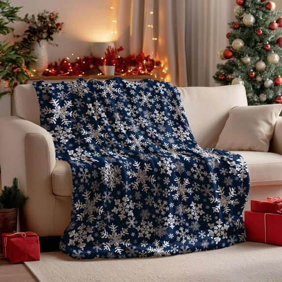 Christmas Flannel Blanket Throw, Navy Snowflake Soft Fuzzy Plush Cozy Fleece Blankets for Couch Sofa Bed Lounging, Ideal Gifts for Kids Adults Wife Self, 60x80